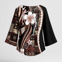 Samoa Siapo Tribal Pattern Kimono Sleeve Blouse Brown Polynesian Plumeria Tapa Motif