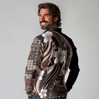 Samoa Siapo Tribal Pattern Long Sleeve Polo Shirt Brown Polynesian Plumeria Tapa Motif