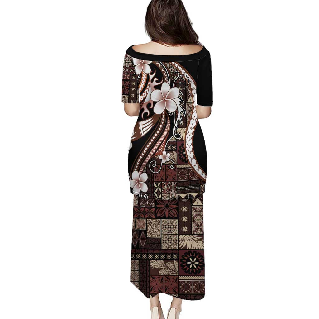 Samoa Siapo Tribal Pattern Puletasi Brown Polynesian Plumeria Tapa Motif LT9 - Polynesian Pride