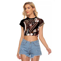 Samoa Siapo Tribal Pattern Raglan Cropped T Shirt Brown Polynesian Plumeria Tapa Motif