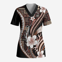 Samoa Siapo Tribal Pattern Scrub Top Brown Polynesian Plumeria Tapa Motif