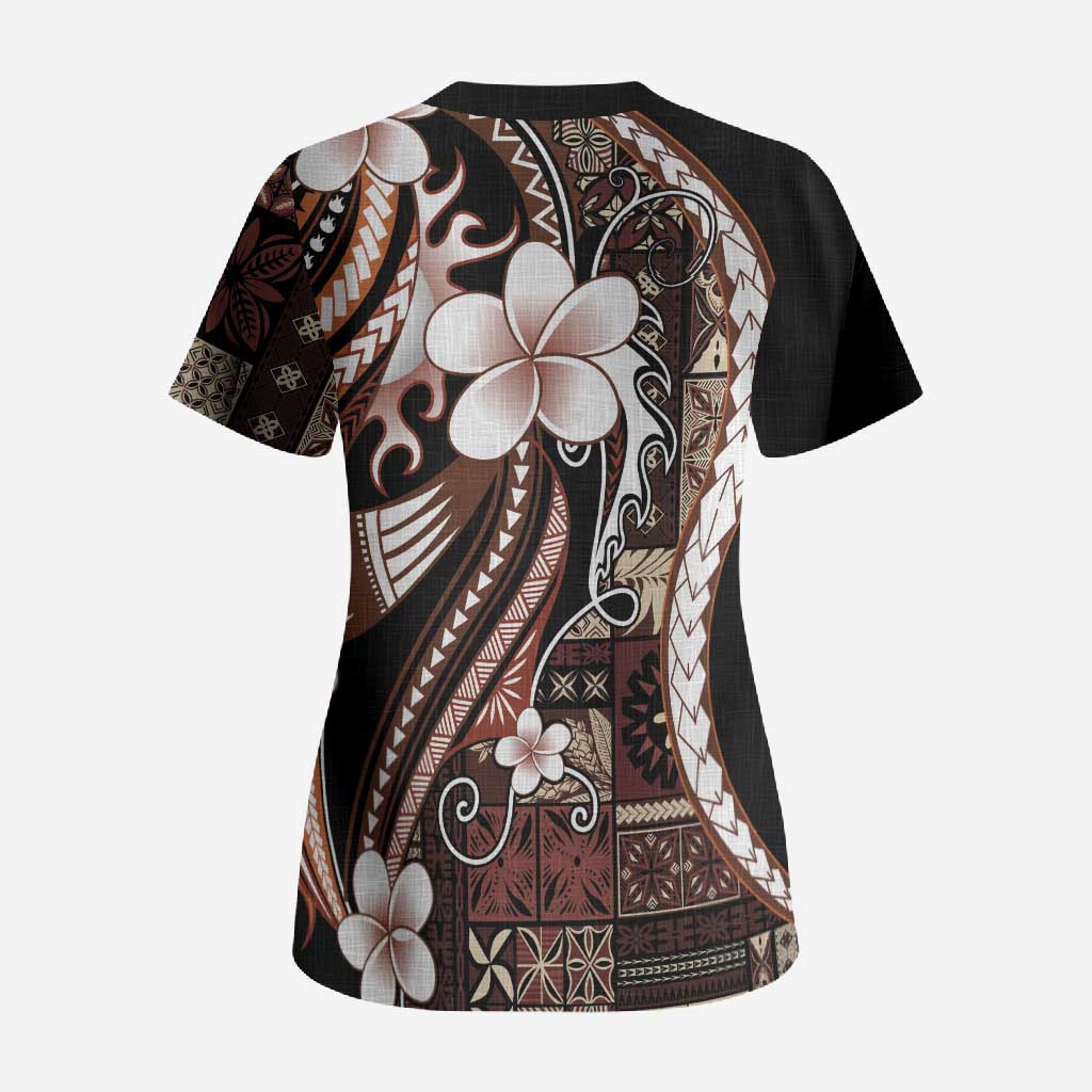 Samoa Siapo Tribal Pattern Scrub Top Brown Polynesian Plumeria Tapa Motif