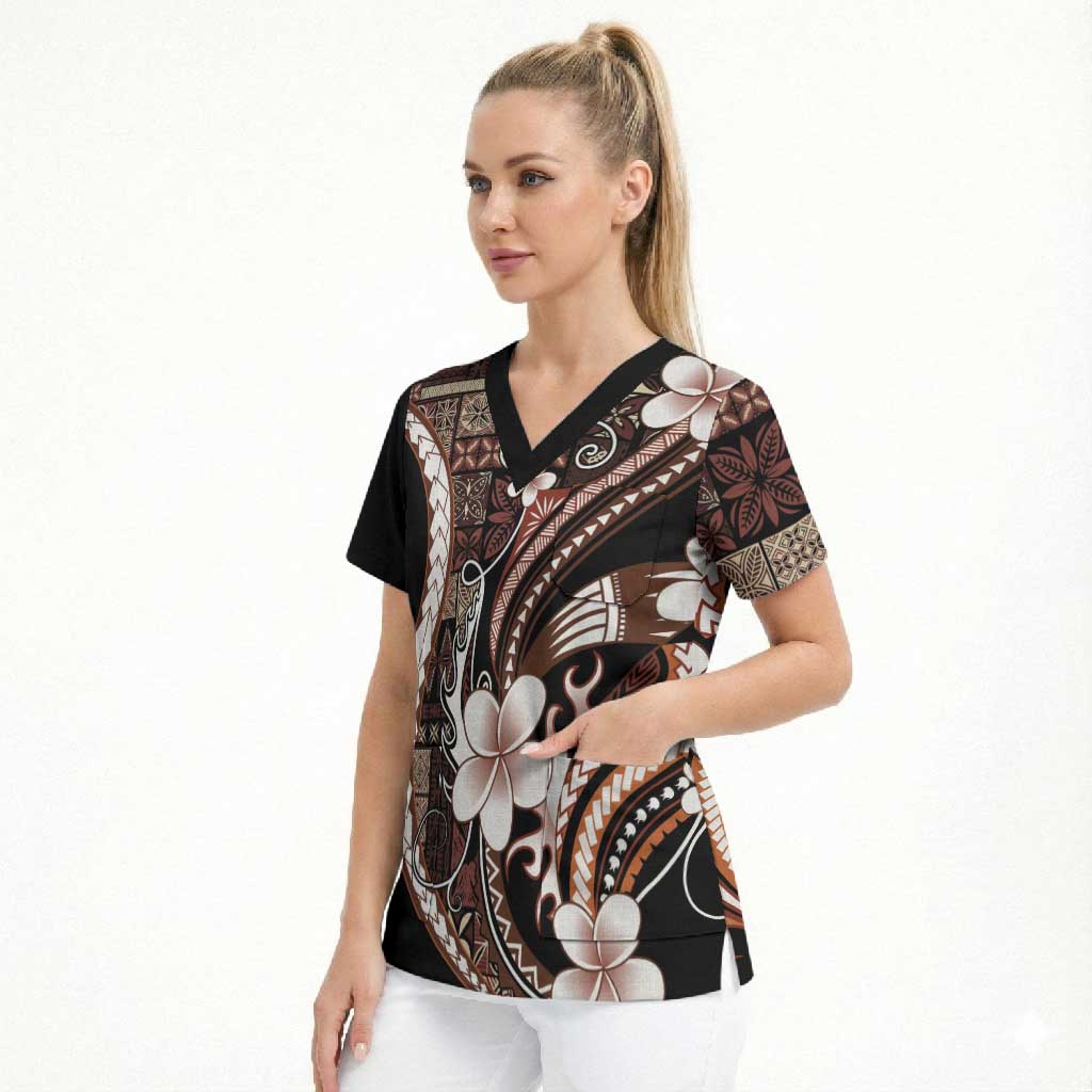 Samoa Siapo Tribal Pattern Scrub Top Brown Polynesian Plumeria Tapa Motif