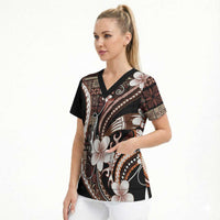 Samoa Siapo Tribal Pattern Scrub Top Brown Polynesian Plumeria Tapa Motif
