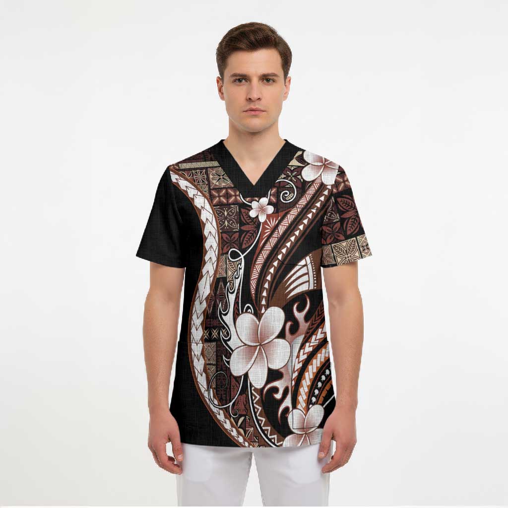 Samoa Siapo Tribal Pattern Scrub Top Brown Polynesian Plumeria Tapa Motif