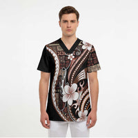 Samoa Siapo Tribal Pattern Scrub Top Brown Polynesian Plumeria Tapa Motif