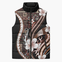 Samoa Siapo Tribal Pattern Sleeveless Puffer Jacket Brown Polynesian Plumeria Tapa Motif