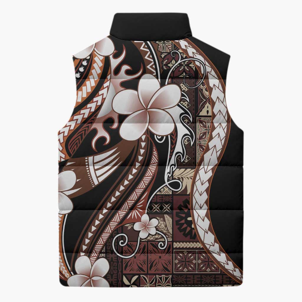 Samoa Siapo Tribal Pattern Sleeveless Puffer Jacket Brown Polynesian Plumeria Tapa Motif