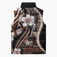 Samoa Siapo Tribal Pattern Sleeveless Puffer Jacket Brown Polynesian Plumeria Tapa Motif