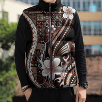 Samoa Siapo Tribal Pattern Sleeveless Puffer Jacket Brown Polynesian Plumeria Tapa Motif
