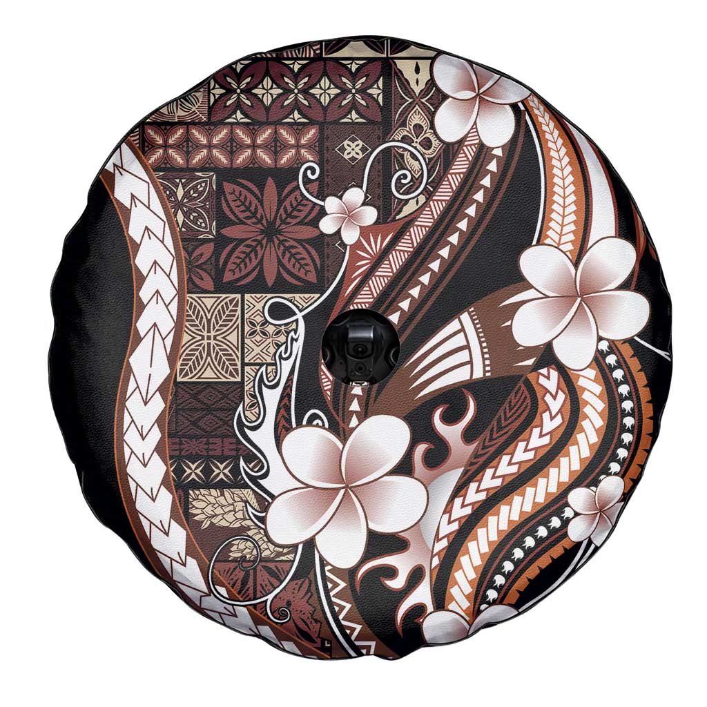 Samoa Siapo Tribal Pattern Spare Tire Cover Brown Polynesian Plumeria Tapa Motif