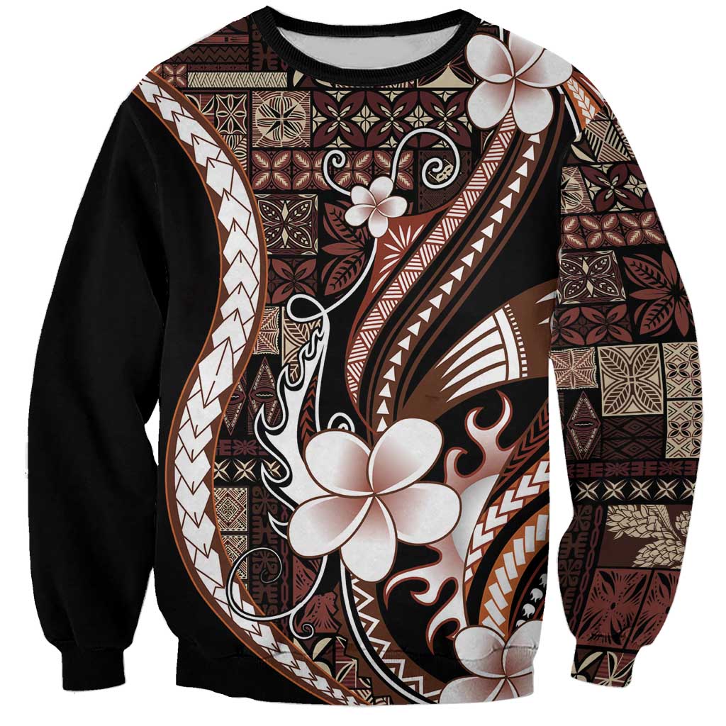 Samoa Siapo Tribal Pattern Sweatshirt Brown Polynesian Plumeria Tapa Motif
