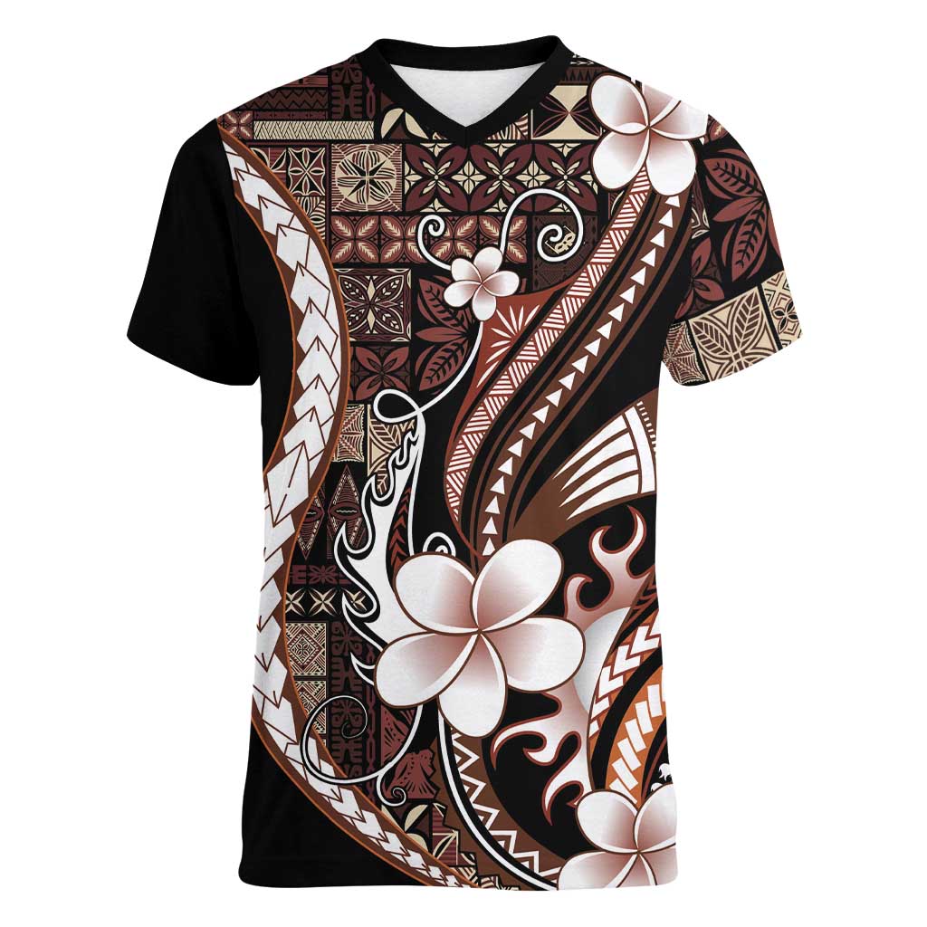 Samoa Siapo Tribal Pattern Women V-Neck T-Shirt Brown Polynesian Plumeria Tapa Motif LT9 Female Brown - Polynesian Pride