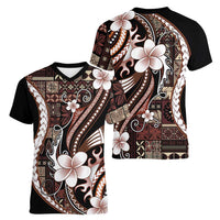 Samoa Siapo Tribal Pattern Women V-Neck T-Shirt Brown Polynesian Plumeria Tapa Motif LT9 - Polynesian Pride
