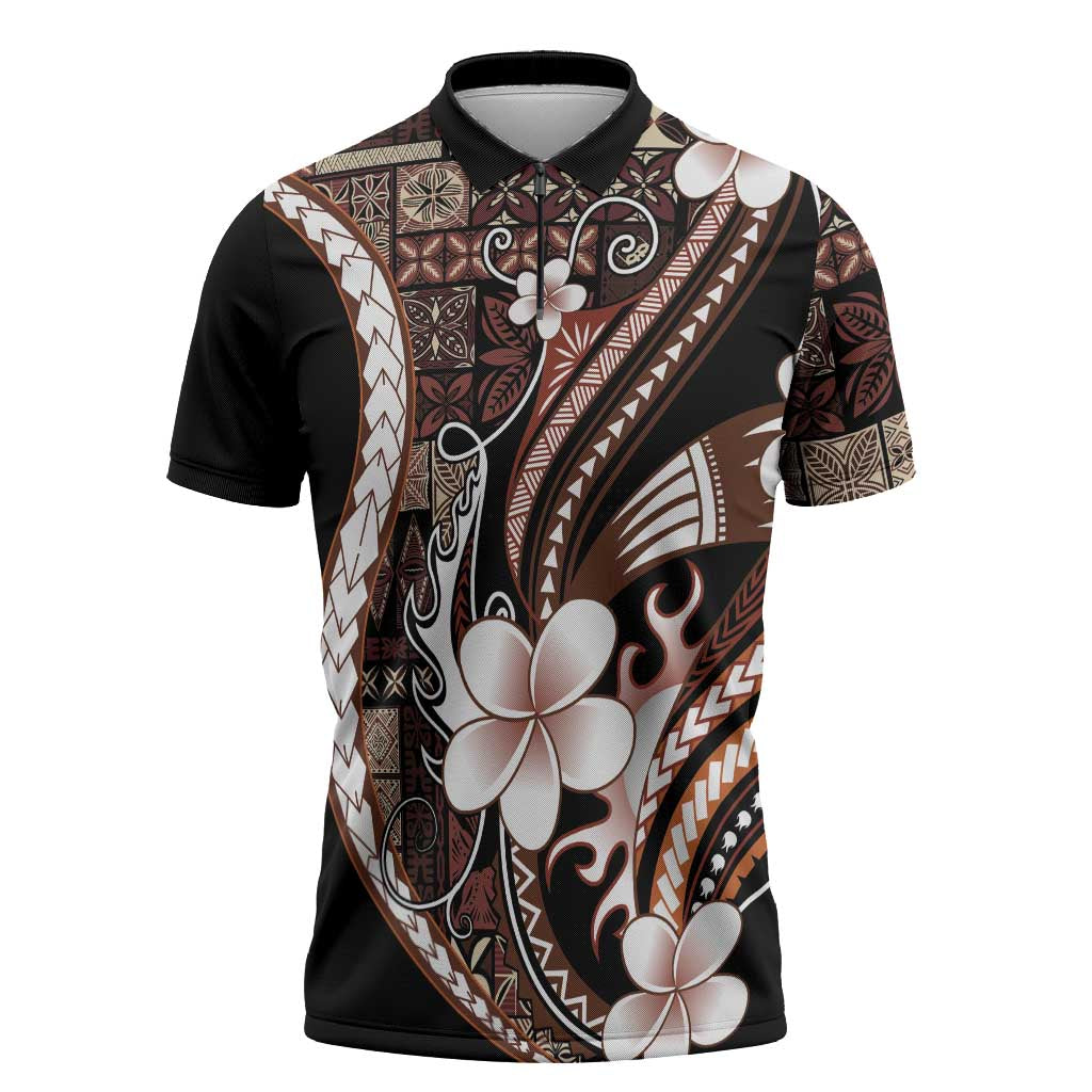 Samoa Siapo Tribal Pattern Zipper Polo Shirt Brown Polynesian Plumeria Tapa Motif