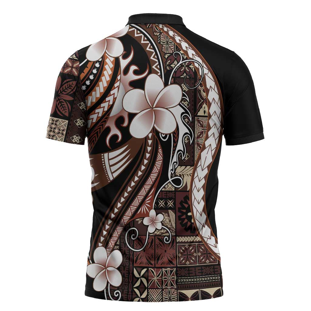 Samoa Siapo Tribal Pattern Zipper Polo Shirt Brown Polynesian Plumeria Tapa Motif