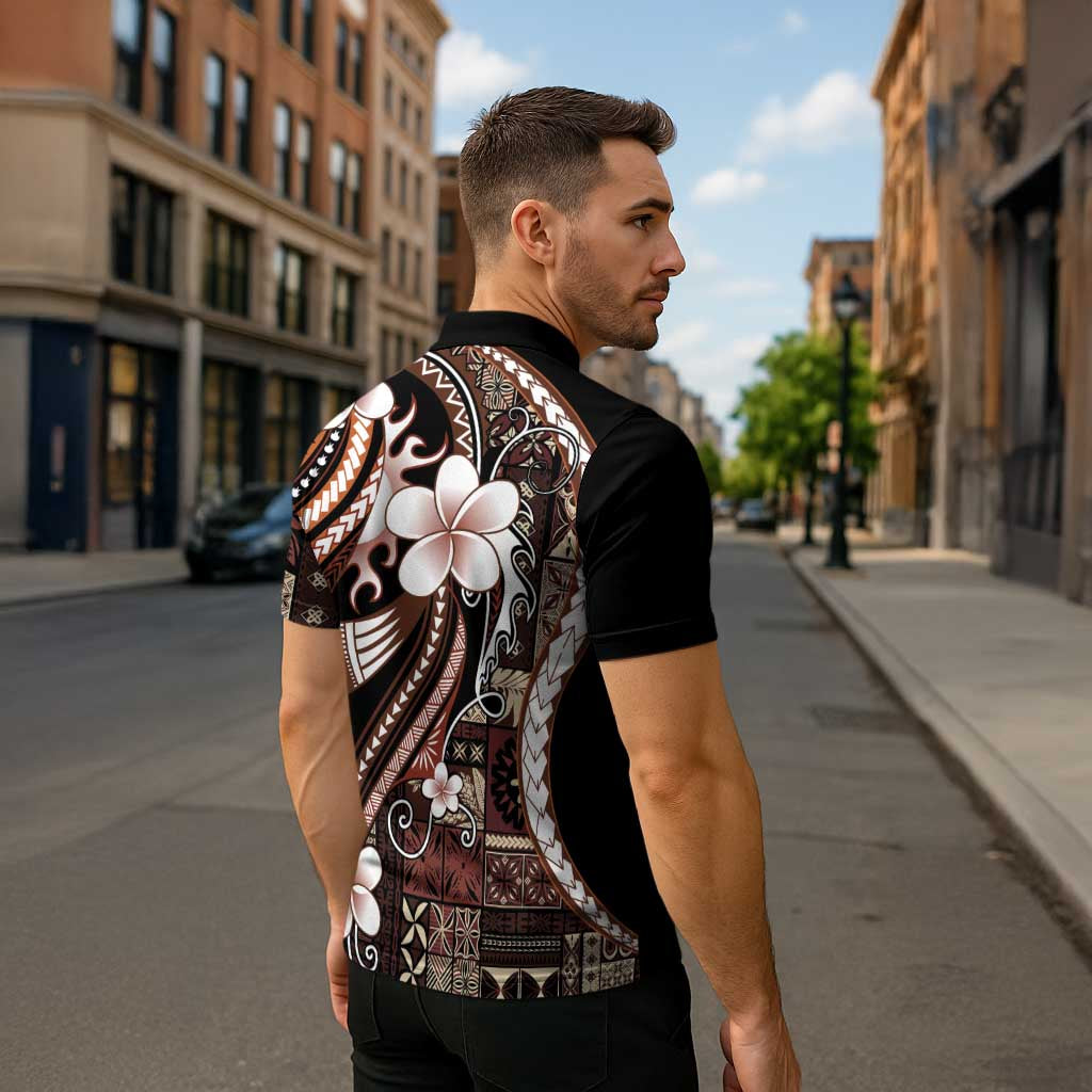 Samoa Siapo Tribal Pattern Zipper Polo Shirt Brown Polynesian Plumeria Tapa Motif