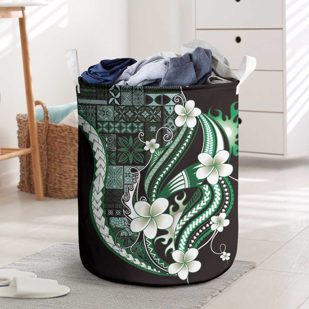 Samoa Siapo Tribal Pattern Laundry Basket Forest Green Polynesian Plumeria Tapa Motif