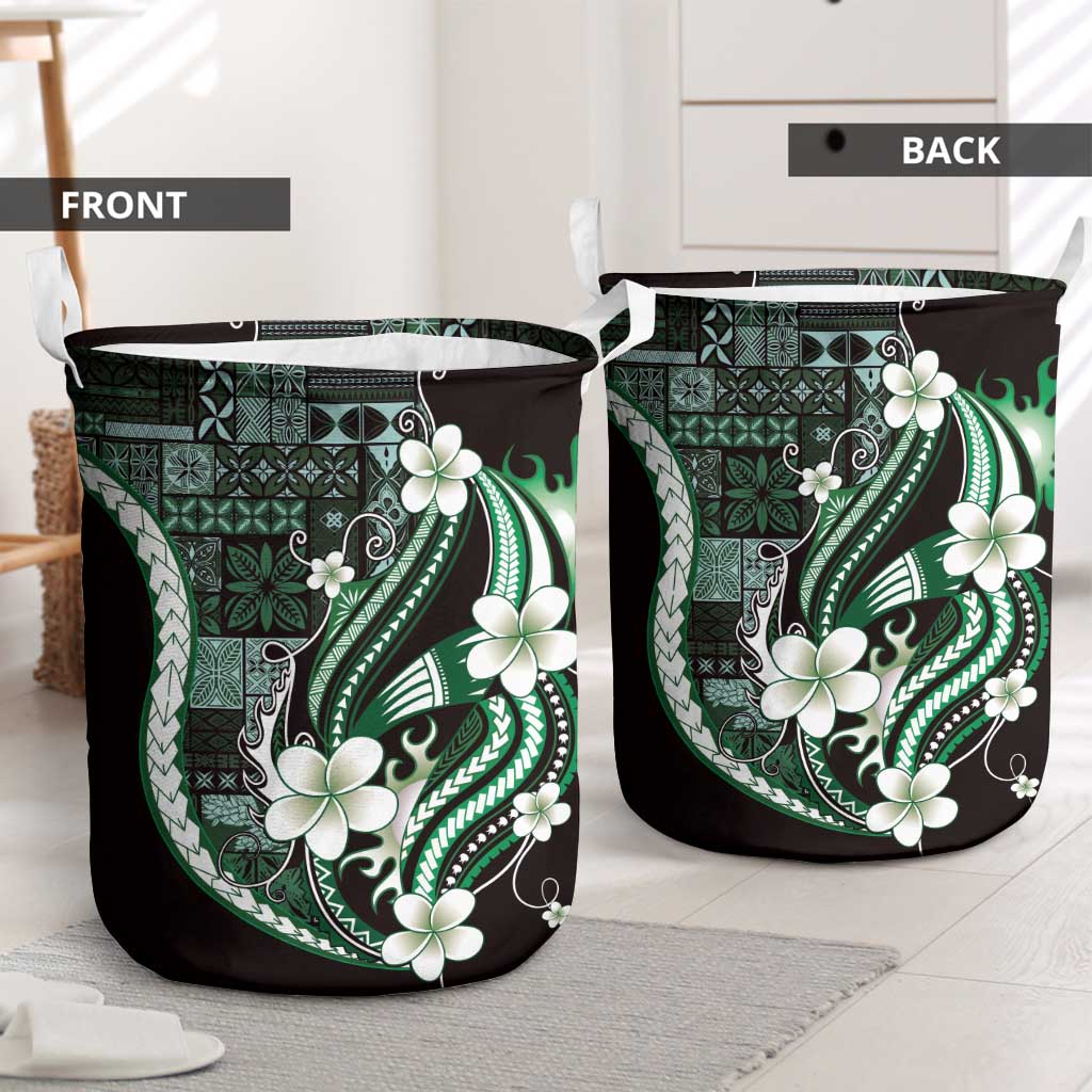 Samoa Siapo Tribal Pattern Laundry Basket Forest Green Polynesian Plumeria Tapa Motif