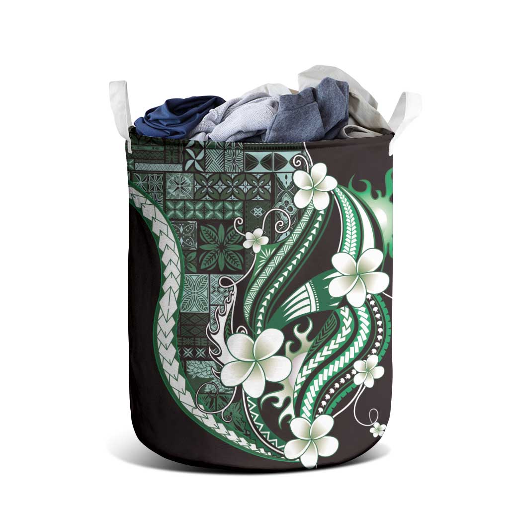 Samoa Siapo Tribal Pattern Laundry Basket Forest Green Polynesian Plumeria Tapa Motif