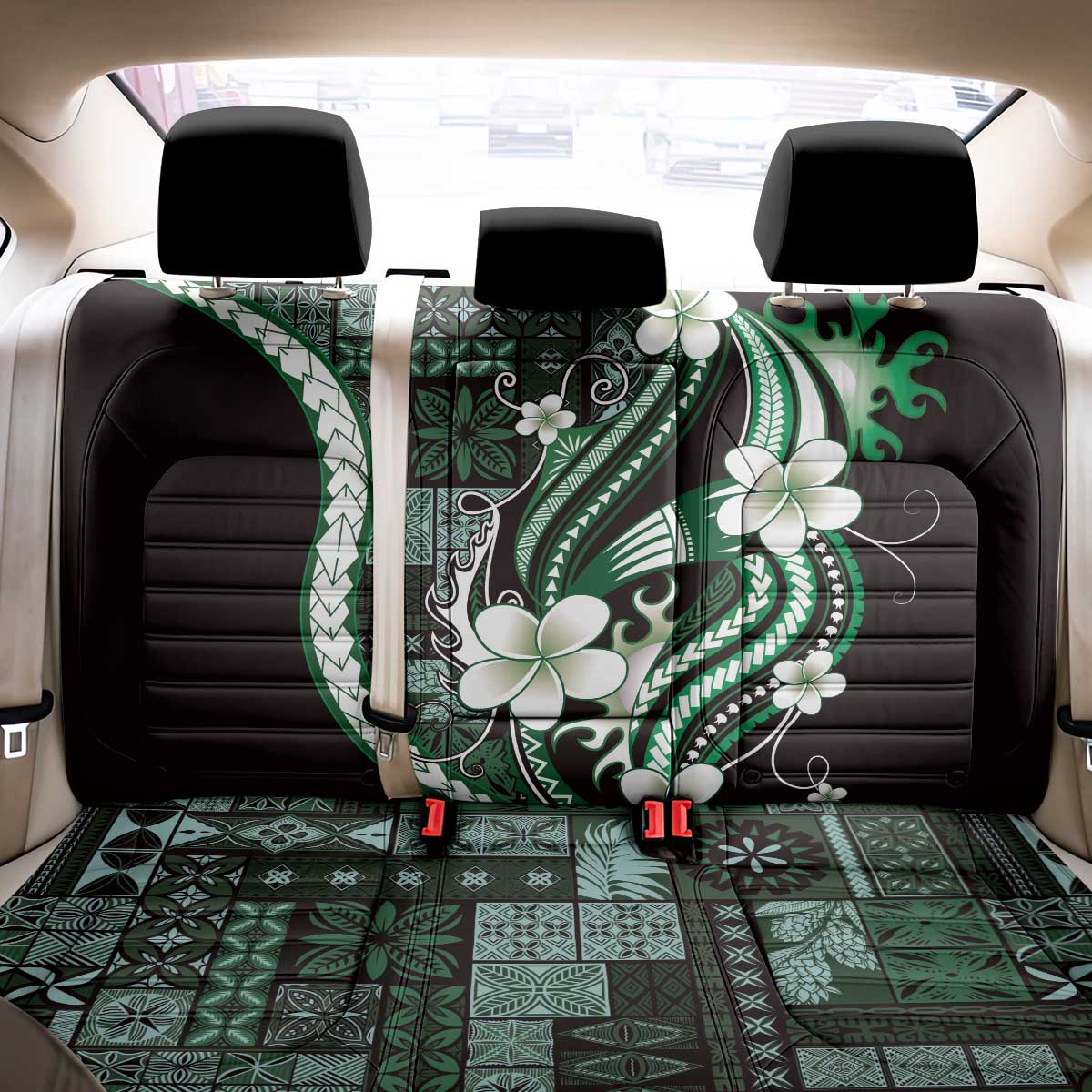 Samoa Siapo Tribal Pattern Back Car Seat Cover Forest Green Polynesian Plumeria Tapa Motif