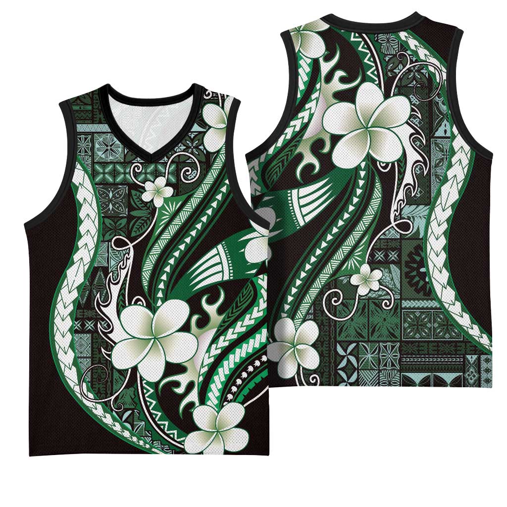 Samoa Siapo Tribal Pattern Basketball Jersey Forest Green Polynesian Plumeria Tapa Motif