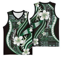 Samoa Siapo Tribal Pattern Basketball Jersey Forest Green Polynesian Plumeria Tapa Motif