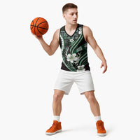 Samoa Siapo Tribal Pattern Basketball Jersey Forest Green Polynesian Plumeria Tapa Motif