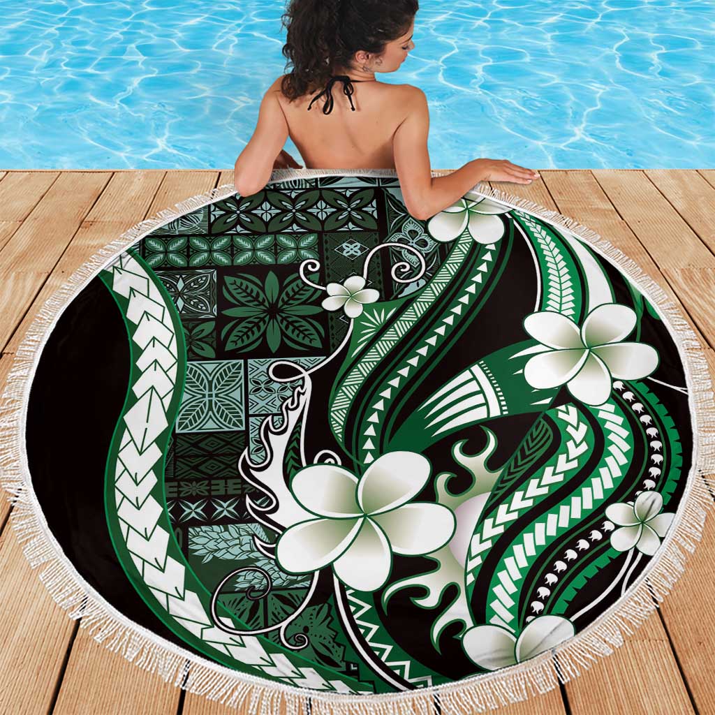 Samoa Siapo Tribal Pattern Beach Blanket Forest Green Polynesian Plumeria Tapa Motif