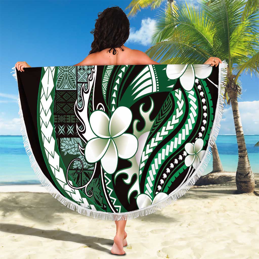 Samoa Siapo Tribal Pattern Beach Blanket Forest Green Polynesian Plumeria Tapa Motif