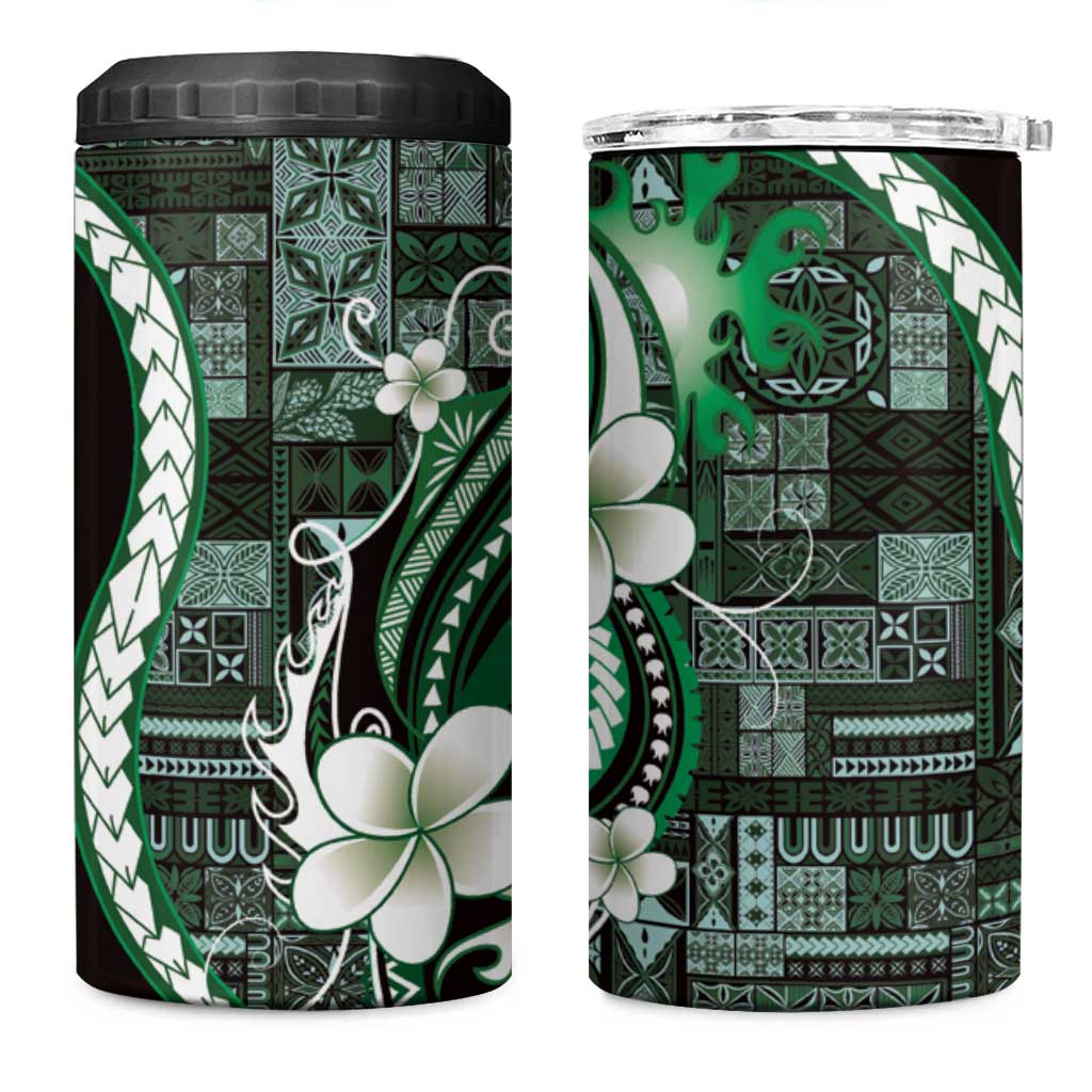 Samoa Siapo Tribal Pattern 4 in 1 Can Cooler Tumbler Forest Green Polynesian Plumeria Tapa Motif