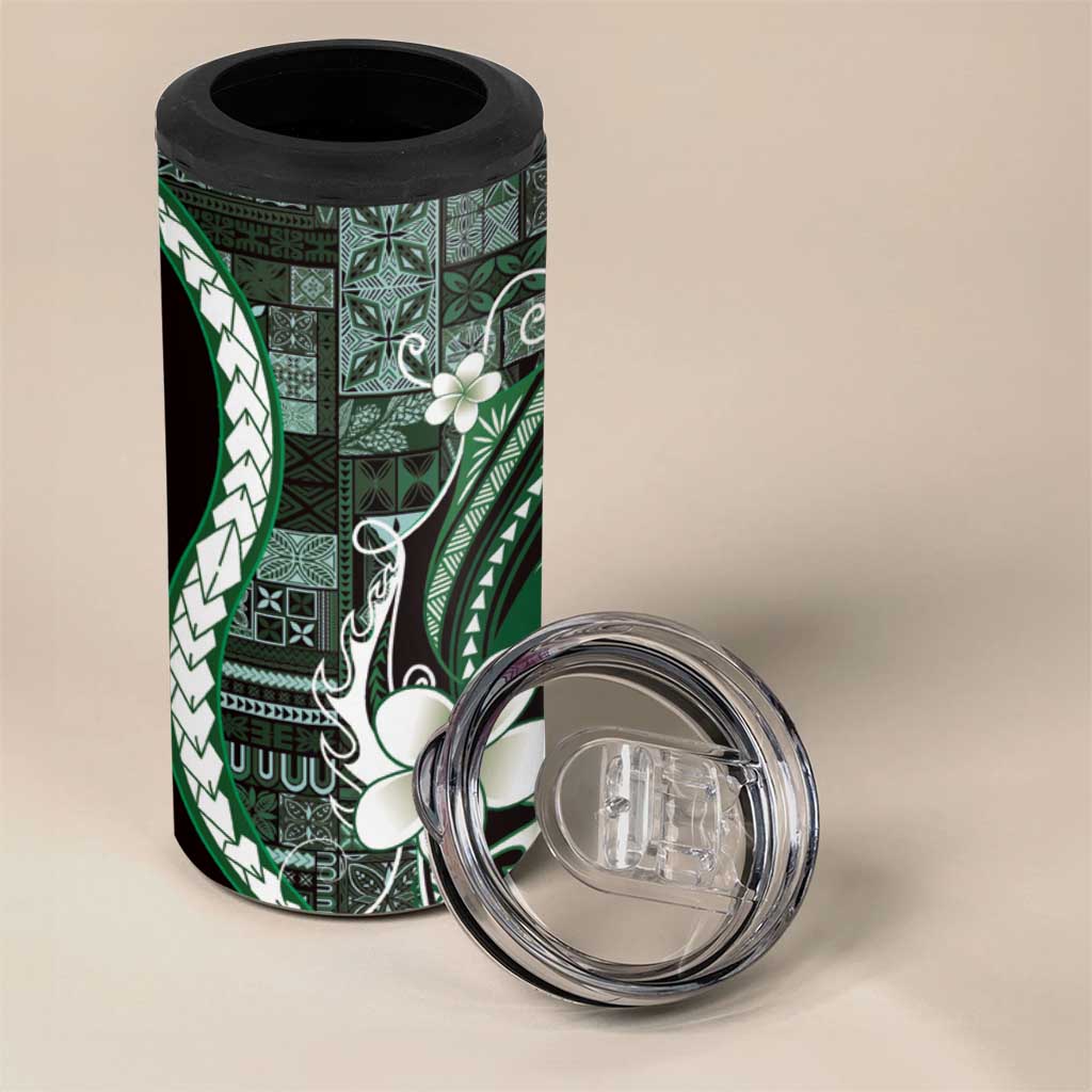 Samoa Siapo Tribal Pattern 4 in 1 Can Cooler Tumbler Forest Green Polynesian Plumeria Tapa Motif