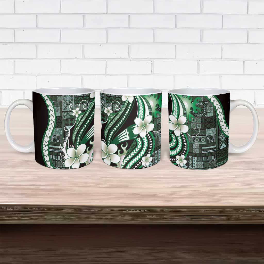 Samoa Siapo Tribal Pattern Ceramic Mug Forest Green Polynesian Plumeria Tapa Motif