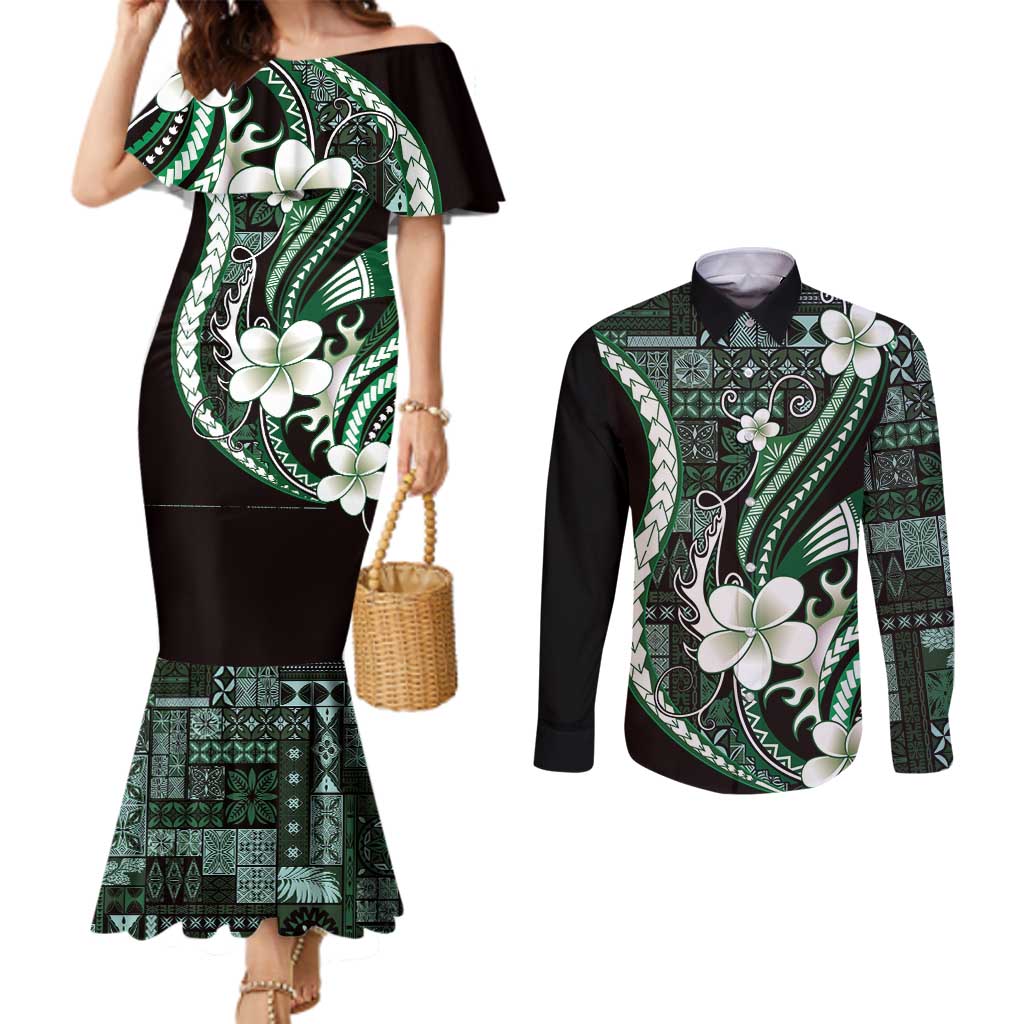 Samoa Siapo Tribal Pattern Couples Matching Mermaid Dress and Long Sleeve Button Shirt Forest Green Polynesian Plumeria Tapa Motif LT9 Green - Polynesian Pride