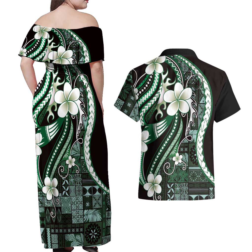 Samoa Siapo Tribal Pattern Couples Matching Off Shoulder Maxi Dress and Hawaiian Shirt Forest Green Polynesian Plumeria Tapa Motif LT9 - Polynesian Pride