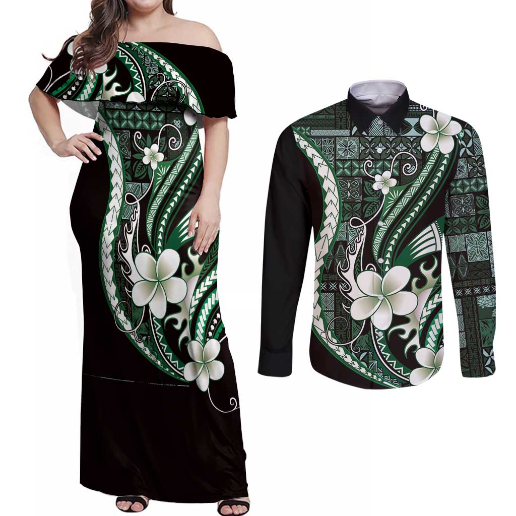 Samoa Siapo Tribal Pattern Couples Matching Off Shoulder Maxi Dress and Long Sleeve Button Shirt Forest Green Polynesian Plumeria Tapa Motif