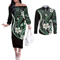 Samoa Siapo Tribal Pattern Couples Matching Off The Shoulder Long Sleeve Dress and Long Sleeve Button Shirt Forest Green Polynesian Plumeria Tapa Motif LT9 Green - Polynesian Pride