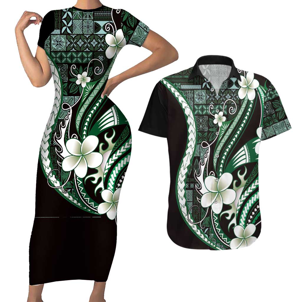 Samoa Siapo Tribal Pattern Couples Matching Short Sleeve Bodycon Dress and Hawaiian Shirt Forest Green Polynesian Plumeria Tapa Motif LT9 Green - Polynesian Pride