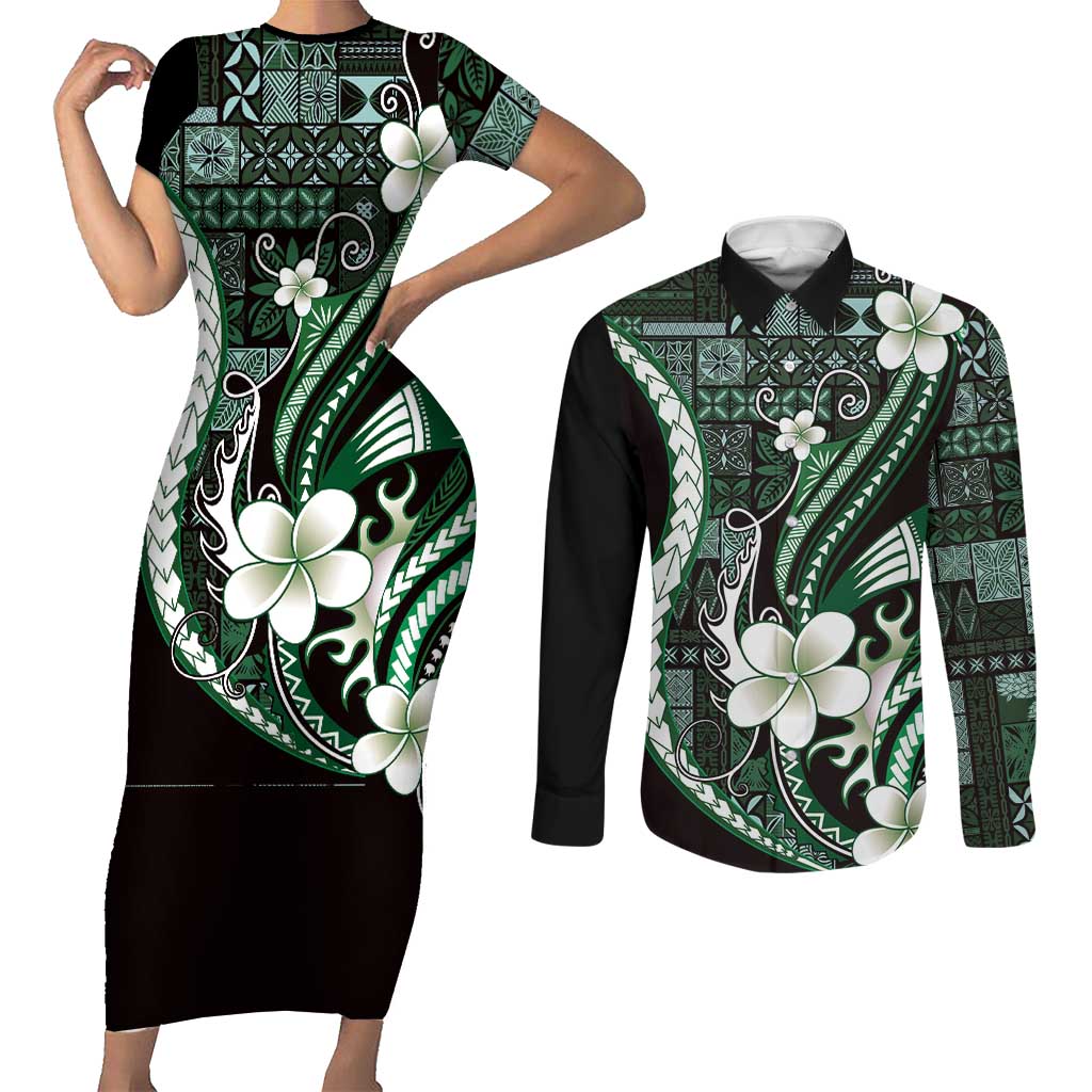 Samoa Siapo Tribal Pattern Couples Matching Short Sleeve Bodycon Dress and Long Sleeve Button Shirt Forest Green Polynesian Plumeria Tapa Motif LT9 Green - Polynesian Pride