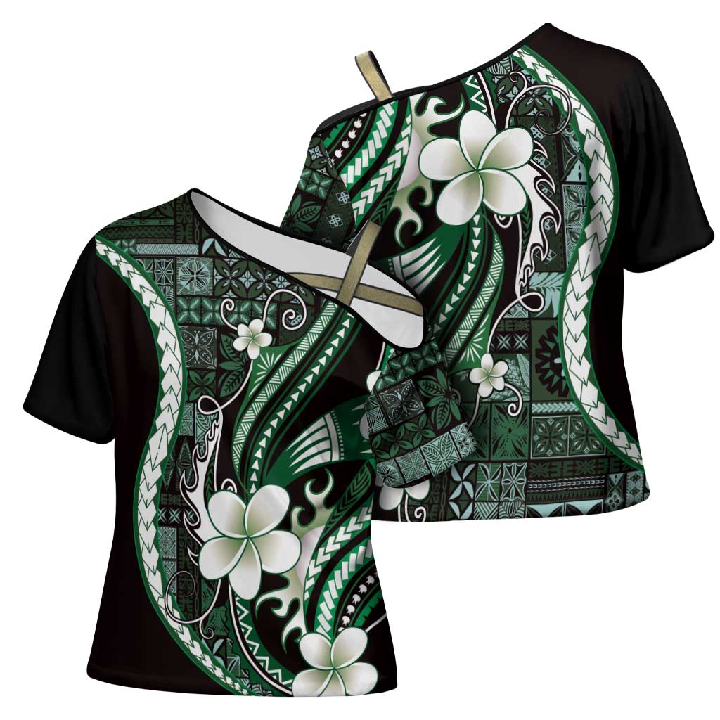 Samoa Siapo Tribal Pattern Cross Shoulder Shirt Forest Green Polynesian Plumeria Tapa Motif