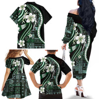 Samoa Siapo Tribal Pattern Family Matching Off The Shoulder Long Sleeve Dress and Hawaiian Shirt Forest Green Polynesian Plumeria Tapa Motif LT9 - Polynesian Pride