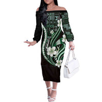 Samoa Siapo Tribal Pattern Family Matching Off The Shoulder Long Sleeve Dress and Hawaiian Shirt Forest Green Polynesian Plumeria Tapa Motif LT9 Mom's Dress Green - Polynesian Pride
