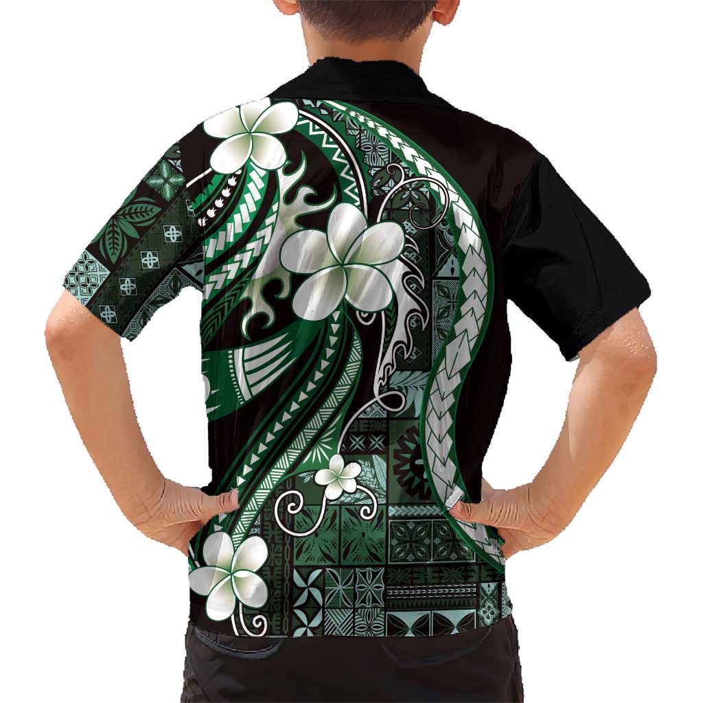 Samoa Siapo Tribal Pattern Family Matching Off Shoulder Maxi Dress and Hawaiian Shirt Forest Green Polynesian Plumeria Tapa Motif