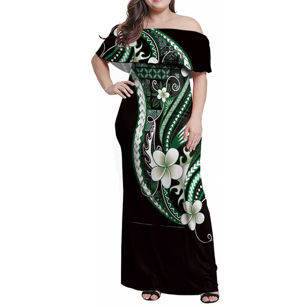 Samoa Siapo Tribal Pattern Family Matching Off Shoulder Maxi Dress and Hawaiian Shirt Forest Green Polynesian Plumeria Tapa Motif