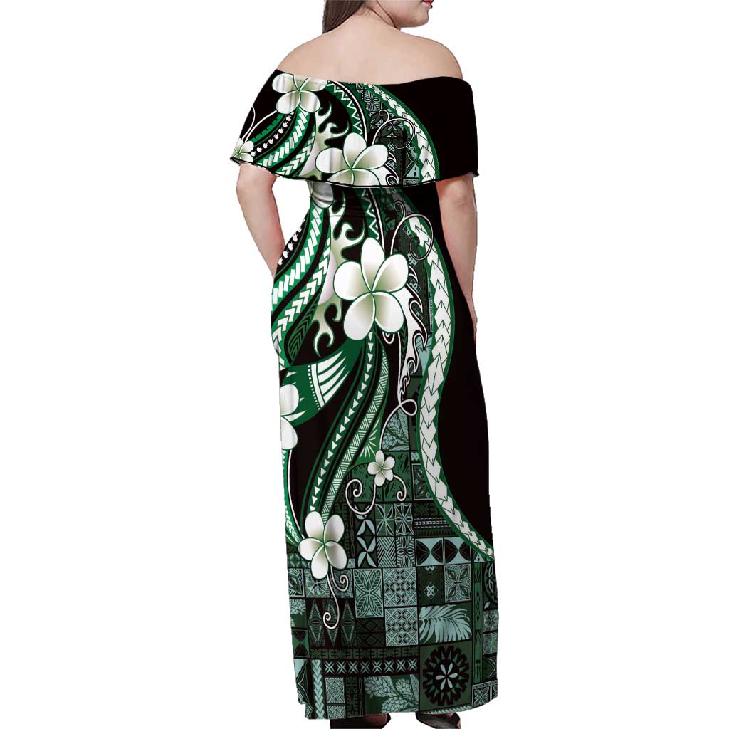 Samoa Siapo Tribal Pattern Family Matching Off Shoulder Maxi Dress and Hawaiian Shirt Forest Green Polynesian Plumeria Tapa Motif