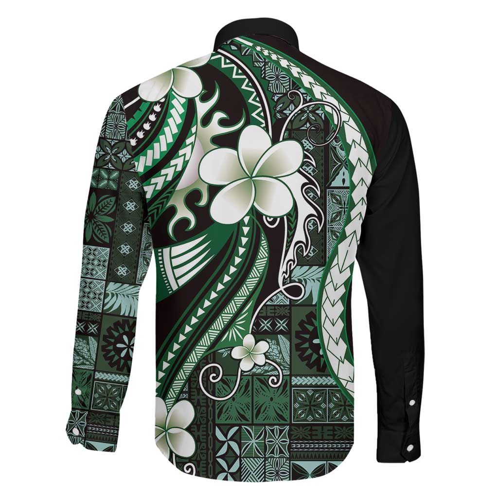 Samoa Siapo Tribal Pattern Family Matching Off Shoulder Short Dress and Hawaiian Shirt Forest Green Polynesian Plumeria Tapa Motif