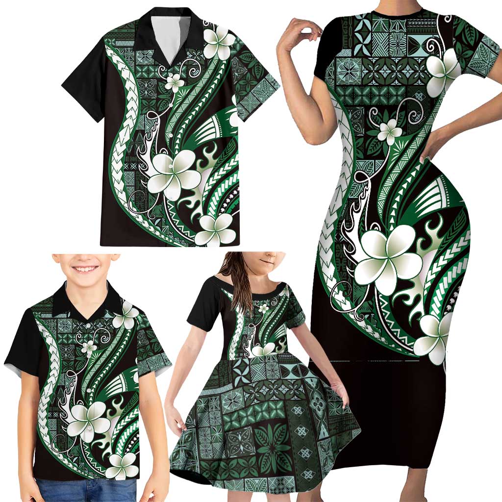 Samoa Siapo Tribal Pattern Family Matching Short Sleeve Bodycon Dress and Hawaiian Shirt Forest Green Polynesian Plumeria Tapa Motif LT9 - Polynesian Pride