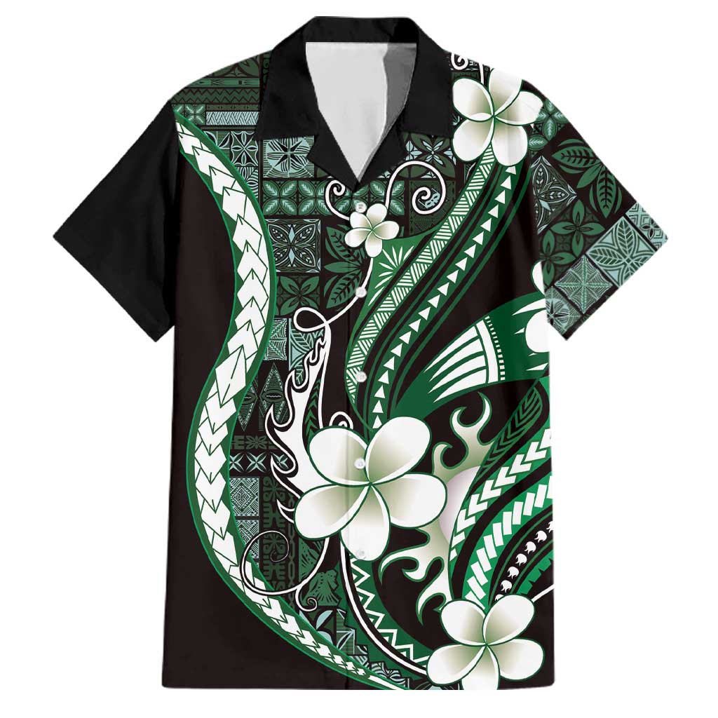 Samoa Siapo Tribal Pattern Family Matching Summer Maxi Dress and Hawaiian Shirt Forest Green Polynesian Plumeria Tapa Motif