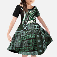 Samoa Siapo Tribal Pattern Family Matching Tank Maxi Dress and Hawaiian Shirt Forest Green Polynesian Plumeria Tapa Motif LT9 Daughter's Dress Green - Polynesian Pride