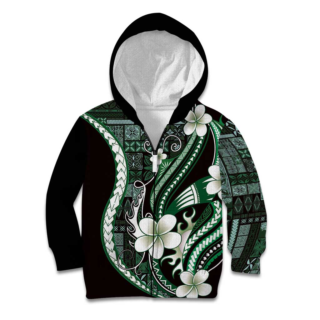 Samoa Siapo Tribal Pattern Kid Hoodie Forest Green Polynesian Plumeria Tapa Motif LT9 Zip Hoodie Green - Polynesian Pride